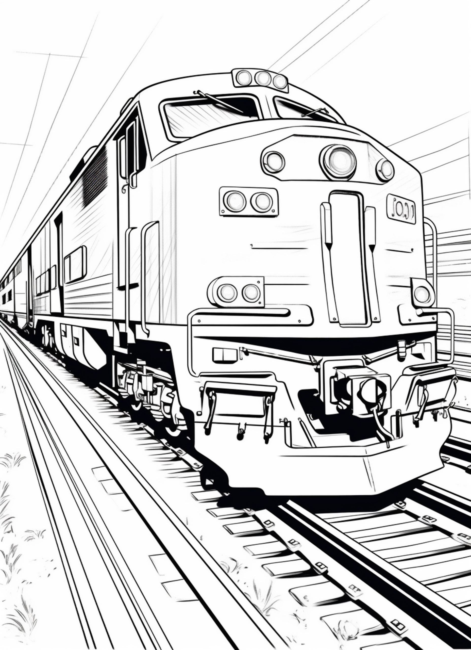 a drawing of a train traveling down train tracks next to a field